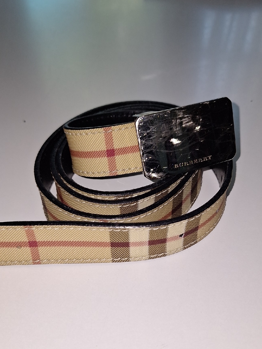 Burberry Tan and Red Nova Check Signature Belt